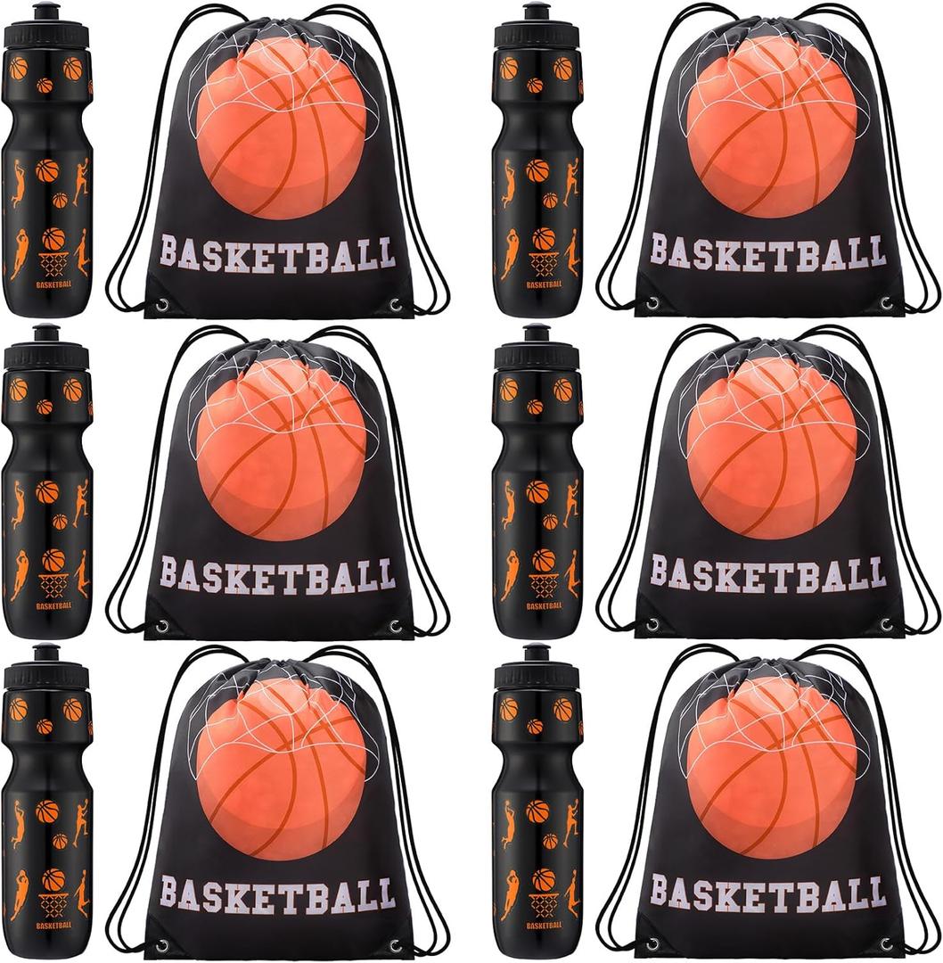 Talltalk 12 Pcs Basketball Party Favors 24 oz Basketball Water Bottle Gift for Team with Drawstring Bag Tumbler Cup Sports Themed Accessories for Events Gift Supplies