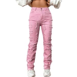Women's High Waisted Straight Leg Slim Fit Raw Hem Patchwork Stretchy Y2K Stacked Mom Jeans Boyfriend Jeans for Teen Girls (Large, Pink)
