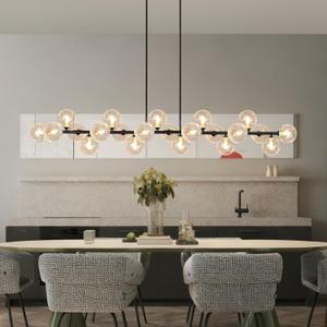 Dining Room Chandelier 70 Inch Modern Linear Chandelier 22 Lights Clear Glass Globe Pendant Light Sputnik Light Fixture for Kitchen Island, Living Room, Farmhouse