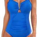 AI'MAGE Women's Tummy Control Swimsuits Ruched Slimming One Piece Bathing Suit V Neck Swimsuit, Blue, M