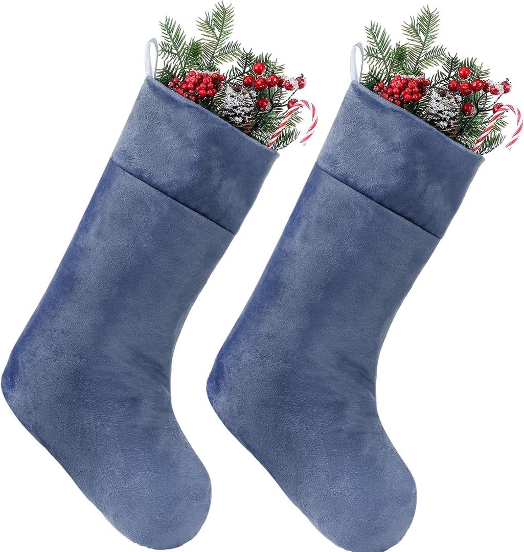 Soulchen 2 Pieces Christmas Velvet Stocking 10 x 19 Inch Xmas Hanging Stockings Sock for Fireplace Christmas Tree Ornament Holiday Season Party Decorations (Blue)