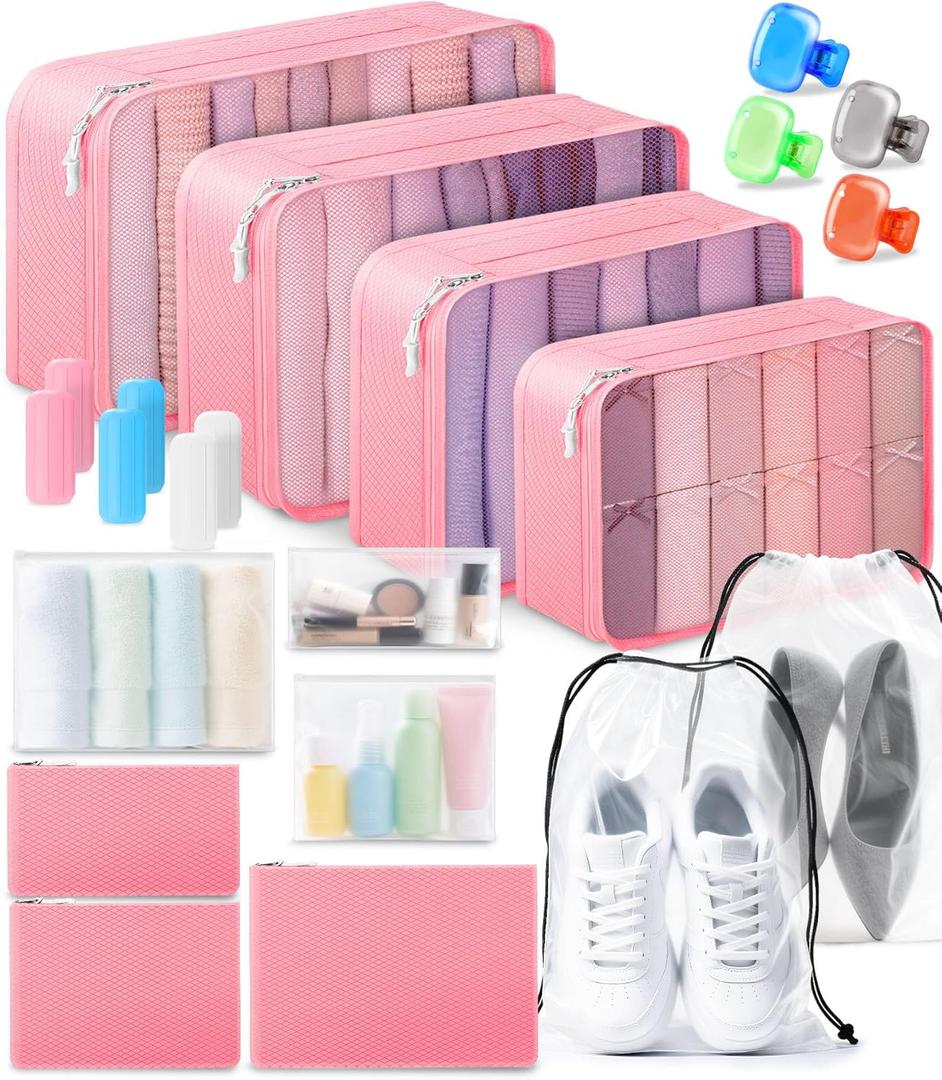 All-in-One 22 Pcs Packing Cubes for Travel Essentials Includes Cubes, toothbrush covers Silicone Bottle Cover, zipper bags, Matte Cosmetic Bag, Drawstring bag for Carry-On & Suitcase