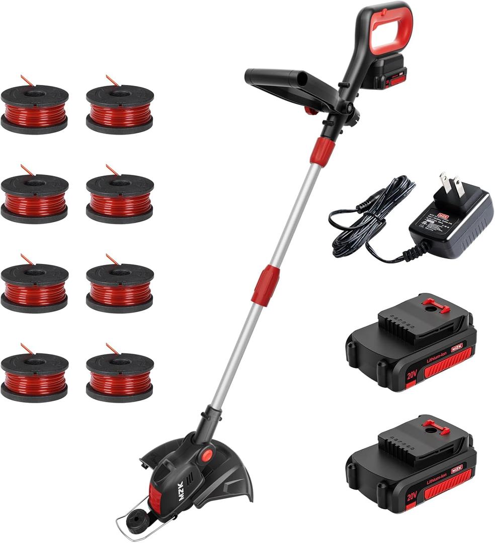 MZK 20V 12'' Cordless String Trimmer, Grass Trimmer&Edger with 8 Replacement Spools, Battery Powered Lightweight Weed Trimmer with Auto Line Feed(2 * 2AH Battery and Charger Included)