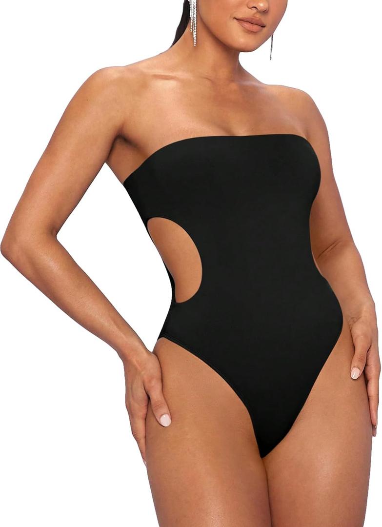 SHENHE Women's Cut Out Strapless Bodycon Sexy Tube Top Skinny Bodysuit Leotard (Black, Smal)