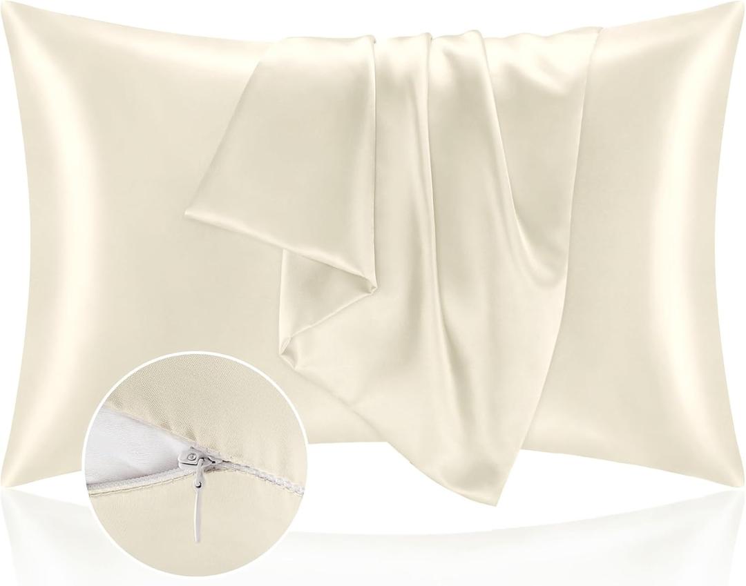 BEDELITE Satin Pillowcase with Zipper 2 Pack, Beige Pillow Cases Standard Size, Super Soft and Cooling Similar to Silk Pillow Cases, Gift for Women Men(20x26 Inches)