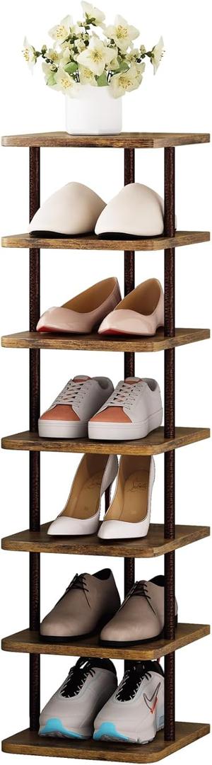 SORCEDAS 7 Tiers Vertical Shoe Rack Wooden Shoe Storage Organizer for Space Saving Narrow Shoe Shelf Storage 7 Pairs for Entryway Living Room Bedroom(Bronze + Rustic Dark Brown)