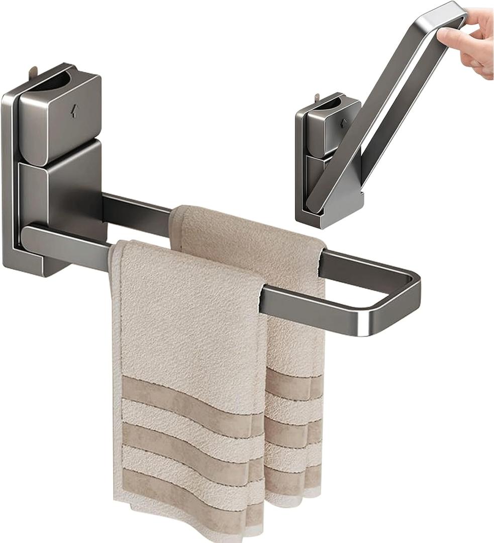 Hand Towel Bar,Upgrade Self-Adhesive Kitchen Towel Holder Reduce Fall Off, Rustproof Fold-Down Bathroom Hand Towel Holder Stick on Wall, No Drill Suction Cup Towel Bar