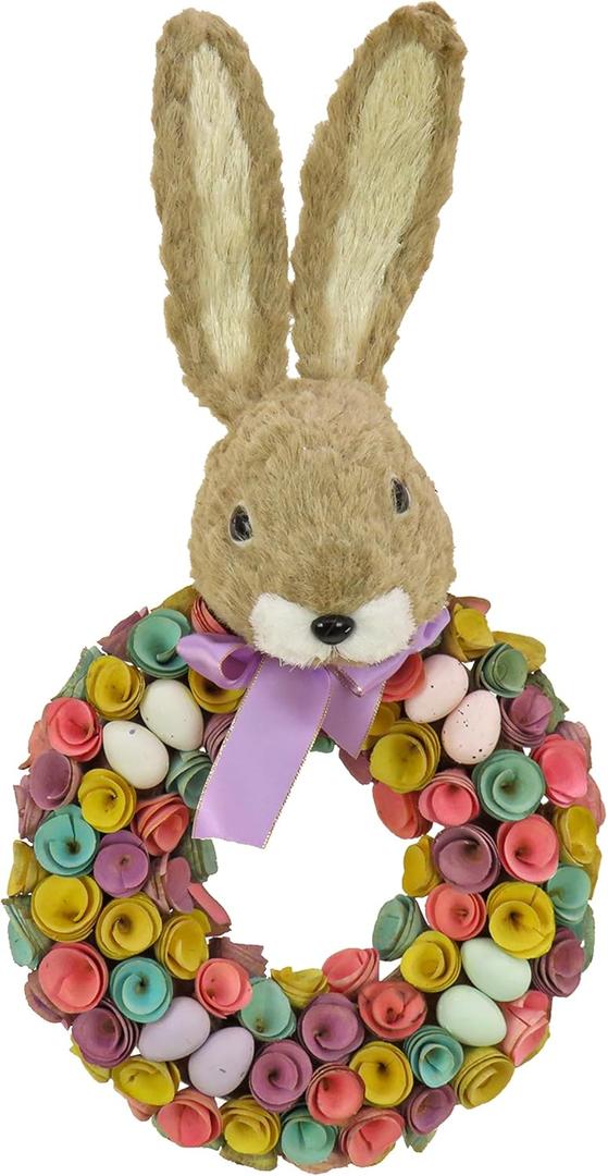 National Tree Company 24 in Artificial Easter Wreath Decorated with Colorful Wood Curl Flower Blooms, Pastel Eggs, Ribbon, Bunny Head, Indoor or Covered Outdoor Easter Decoration, Front Door Wreath