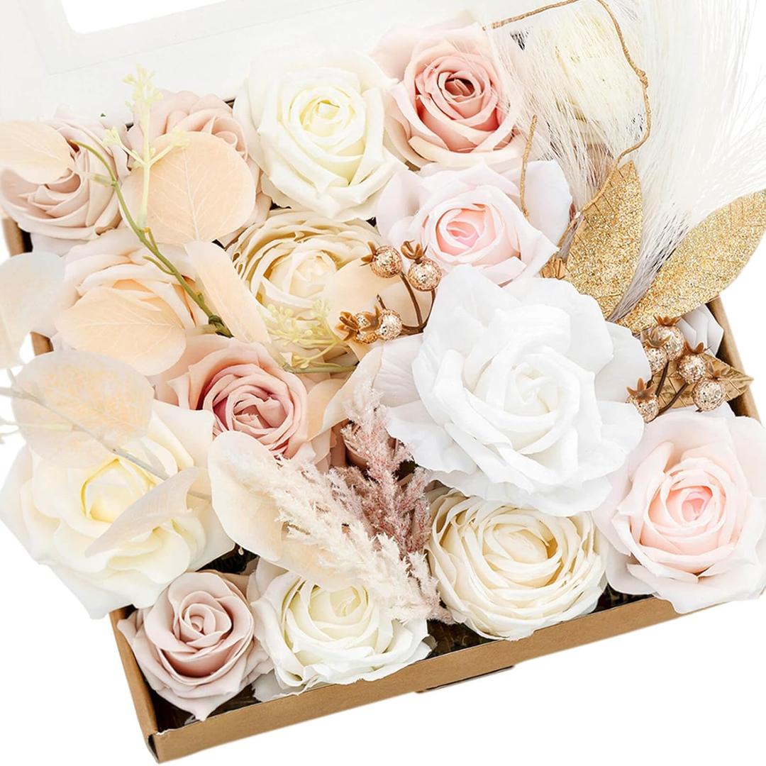 Ling's Moment White and Beige Artificial Flowers and Greenery Combo Box Set, Neutral Fake Flower for DIY Wedding Bridal Bouquet, Centerpieces Decor, Floral Arrangement Decor, etc.
,11x9.5
