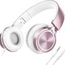AILIHEN Wired Headphones with Mic, Girls Headphones for School, On-Ear Headsets for Chromebook Laptop Computer, Foldable Adjustable Teen Kids, Plug in Corded Headsets with 3.5mm Jack (Rose Gold) (Medium, Pink)