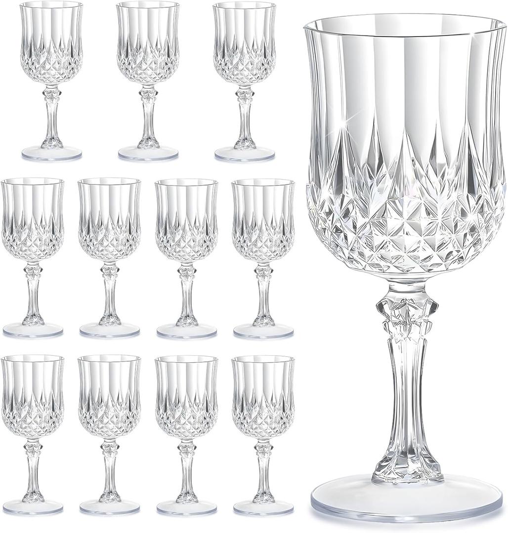 7OZ Plastic Glasses, Disposable Goblets Drinking Glasses Crystal Vintage Water Cups Unbreakable Champagne for Valentines Day, Wedding, Parties (12, Clear) (Transparent)