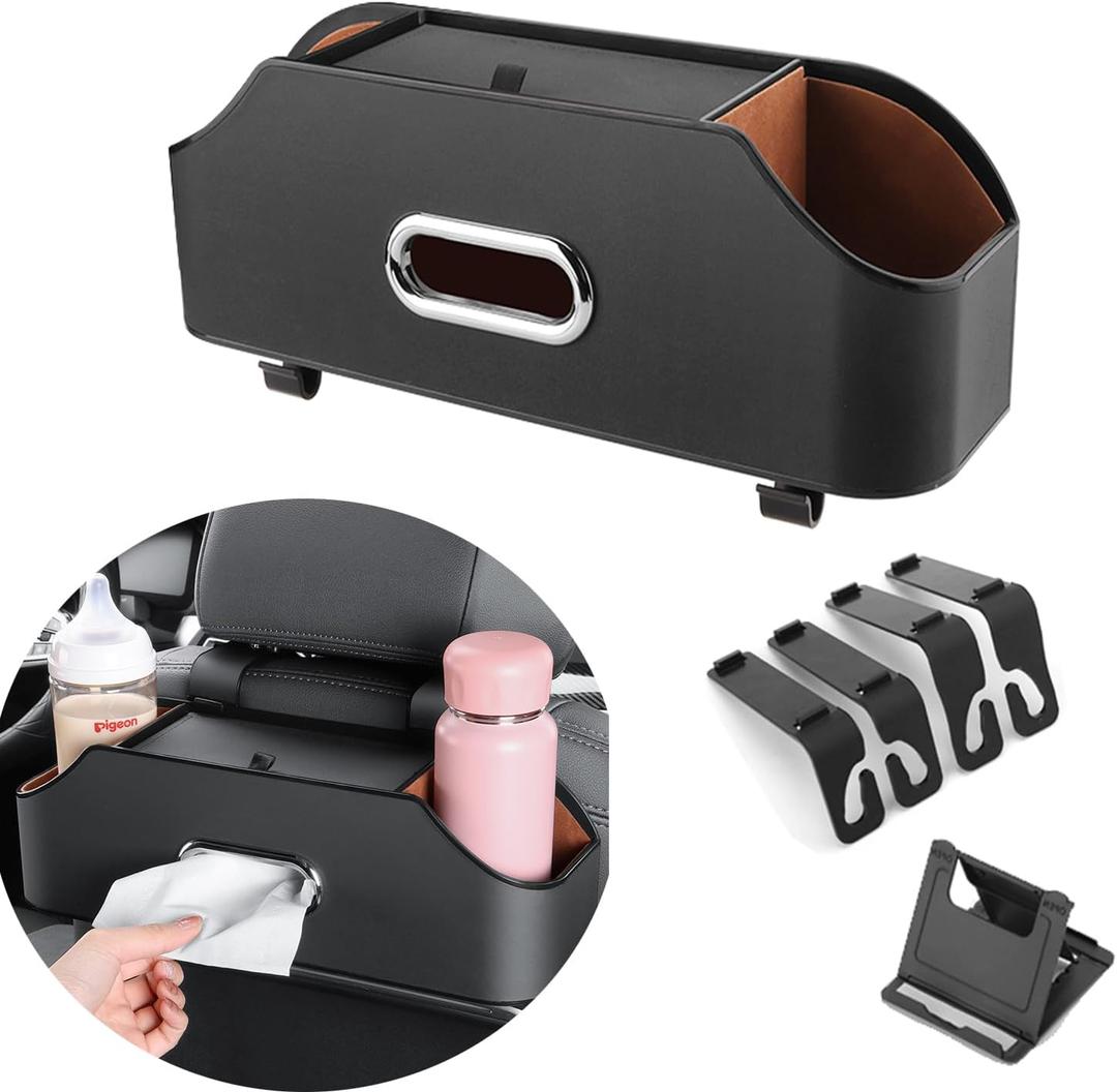 Car Back Seat Organizer with 2 Drink Cup Holder and Tissue Box, Headrest Hanging Storage Box with Hooks and Phone Holder, Multi-Functional Storage for Kids and Travel. (Black)