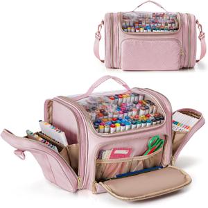 Marker Organizer Bag for 180-300 Markers, Large Marker Storage Case with Detachable Divider for Adults, Markers Travel Holder Case Bag for Various Markers or Other Art Craft Supply, Pink