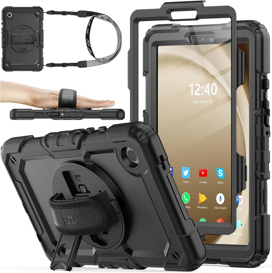 SEYMAC Stock Case for Samsung Galaxy Tab A9 8.7'', Full-Body Drop Protection Case with Screen Protector Pencil Holder [360 Rotating Hand Strap] &Stand, Black