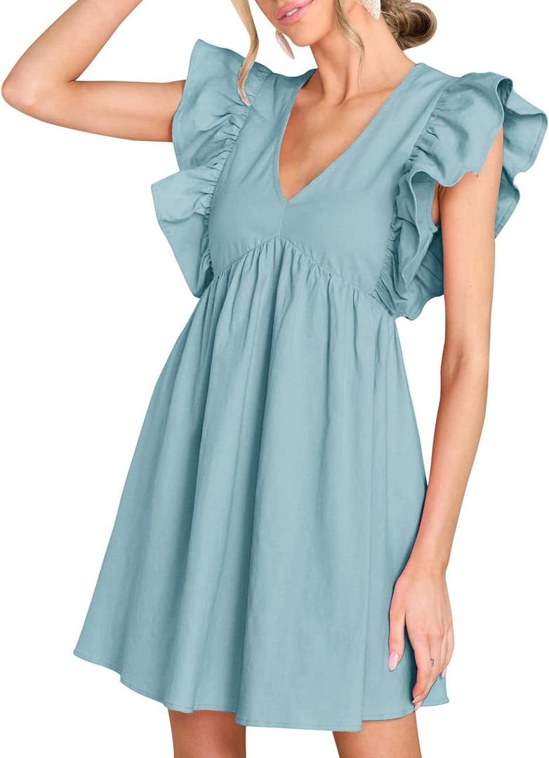 FANCYINN Women's Summer Casual Babydoll Mini Dress Ruffle Sleeveless Deep V Neck Pleated Swing Flowy Tunic Dress (Blue, L)