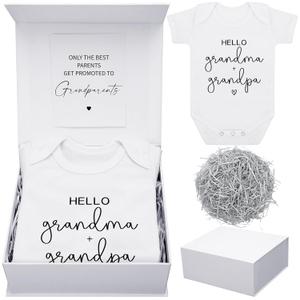 4 Pcs Pregnancy Announcement for Grandparents, Hello Grandpa Grandma Baby Bodysuit, Hello Grandparents Pregnancy Reveal Card Baby Reveal Gift Box Baby Announcement Gifts Set for Grandparents