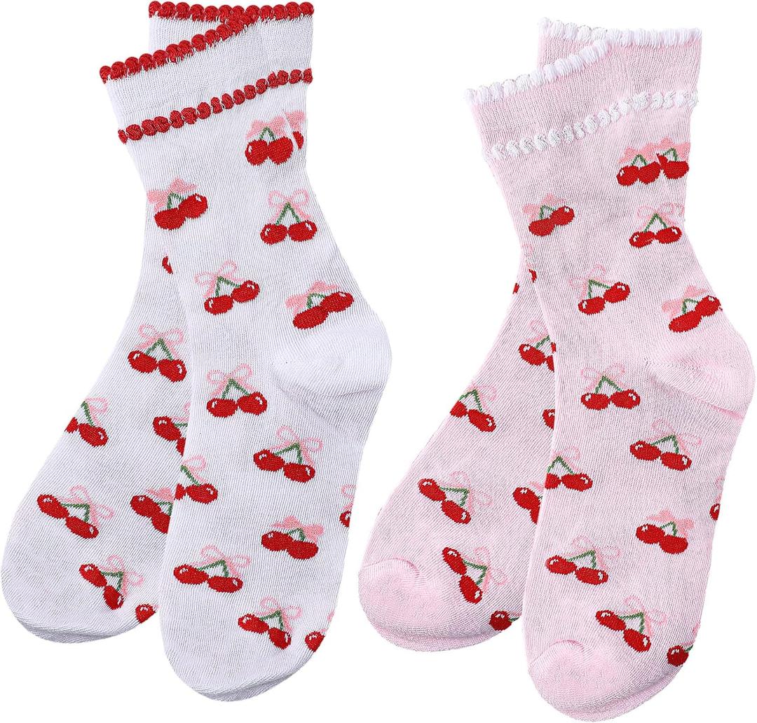 6 Pairs Women Cute Bow Cherry Crew Socks Casual Athletic Cotton Bowknot Cherry Calf Novelty Socks for Women Girls