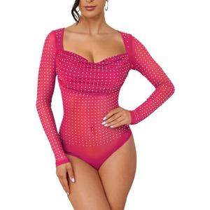 Pasgreson Women's Long Sleeve Square Neck Glitter Rhinestone Bodysuit Sheer Mesh See Through Body Tops Night Out Club Leotard , S