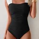 B2prity Womens One Piece Swimsuit Retro Square Neck Tummy Control Bathing Suits Ruched Modest Full Coverage Swimwear (Black, XL)