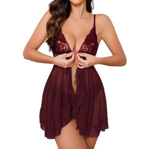 Sexy Open Front V Neck Ruffle Sheer Mesh Lace Wireless Babydoll Lingerie Dress with Thong 2 Piece (Medium, Burgundy Red)