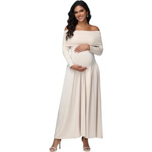 Women's Maternity Off Shoulder Baby Shower Dress Party Long Gown (Beige, L)