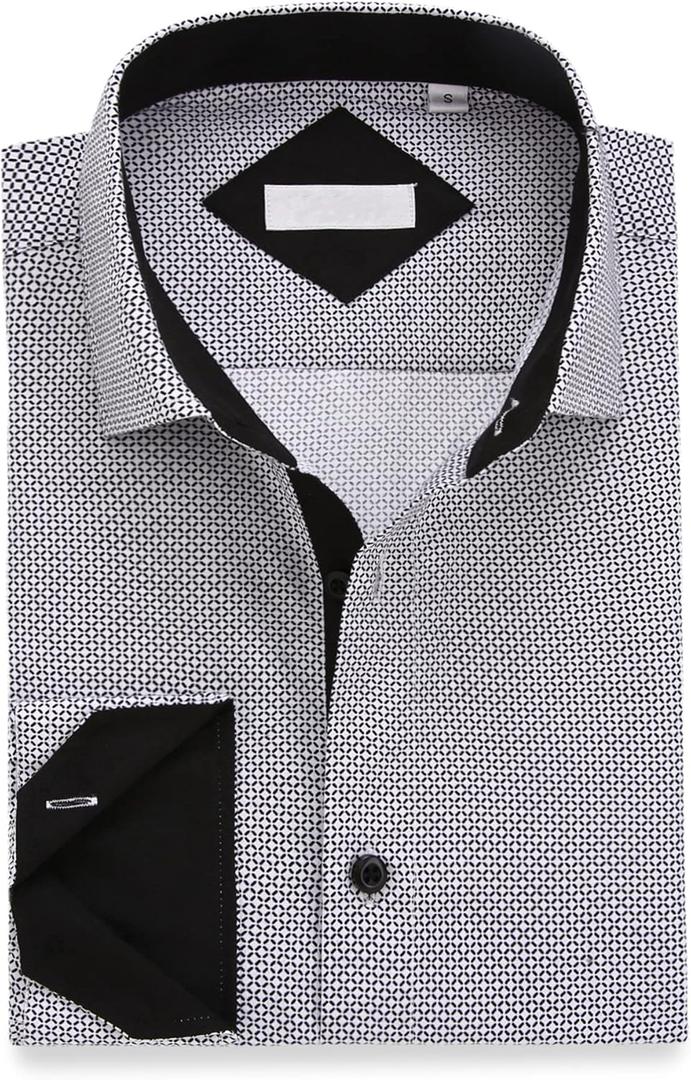 WARHORSEE Mens Casual Button Down Dress Shirts Long Sleeve 4-Way Stretch Collared Printed Business Work Shirt (Gray, M)