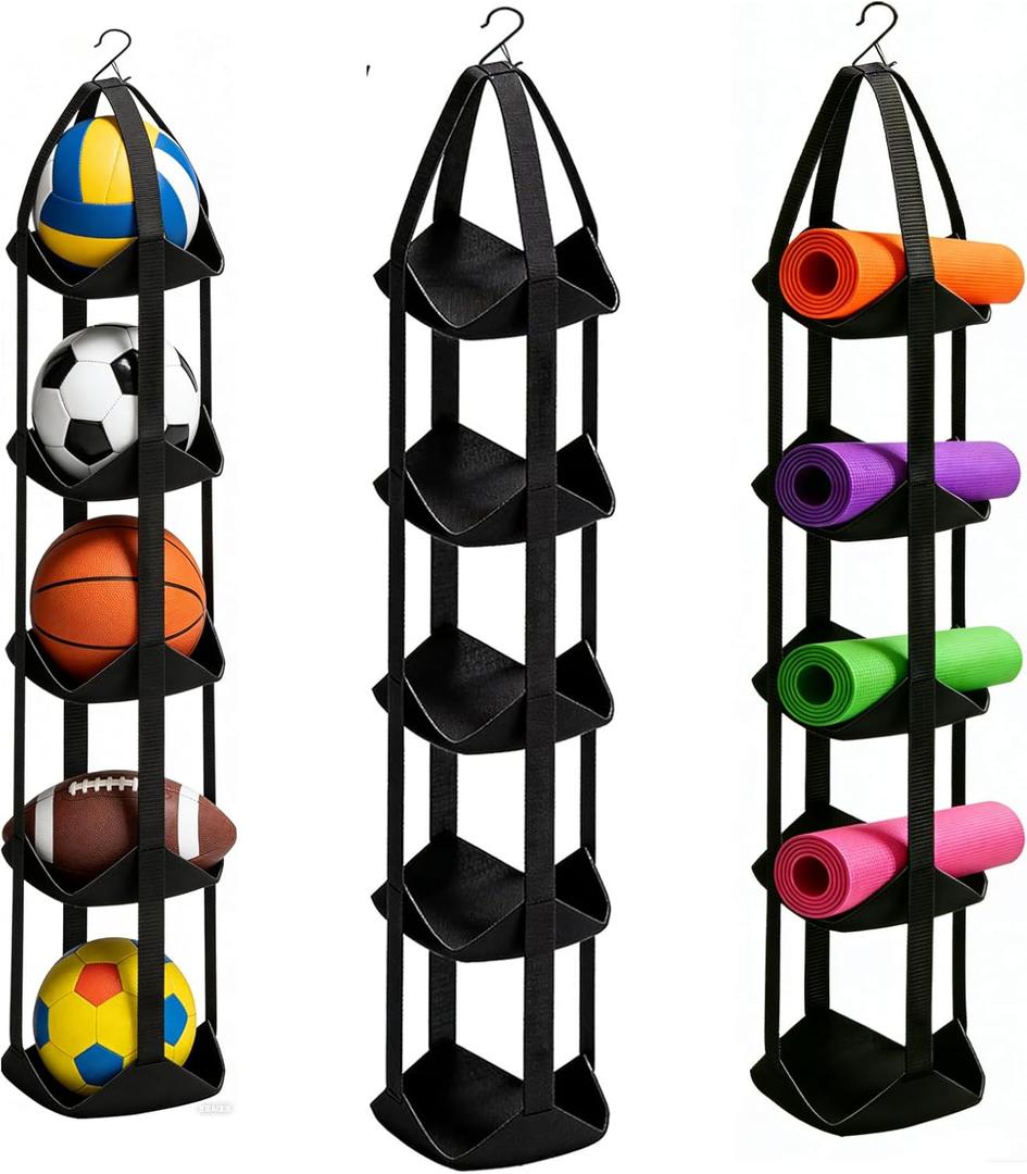 BOXIN 5-Tier Hanging Ball Storage Organizer with Hook for All Sports Balls, Sports Equipment Organizer Holder Toy Organizers, Vertical Hanging Storage,Space-Saving,Home Gym Decor,Yoga Mat Holder (Black)