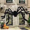 16.5Ft Giant Spider Web + 5Ft Hairy Spider & Stretch Cobwebs - CJYGEGE Halloween Decorations Scary Fake Spider with Triangular Huge Spider Web Large Props for Outdoor Indoor Haunted House Porch Yard