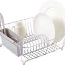 Dish Drying Rack & Cutlery Holder 2 Piece Set - Compact Sink-Fitting Dish Drainer with Rubberized Undercoating, Space-Saving Kitchen Organizer for Plates, Cups, Bowls & Utensils in Sink, Silver