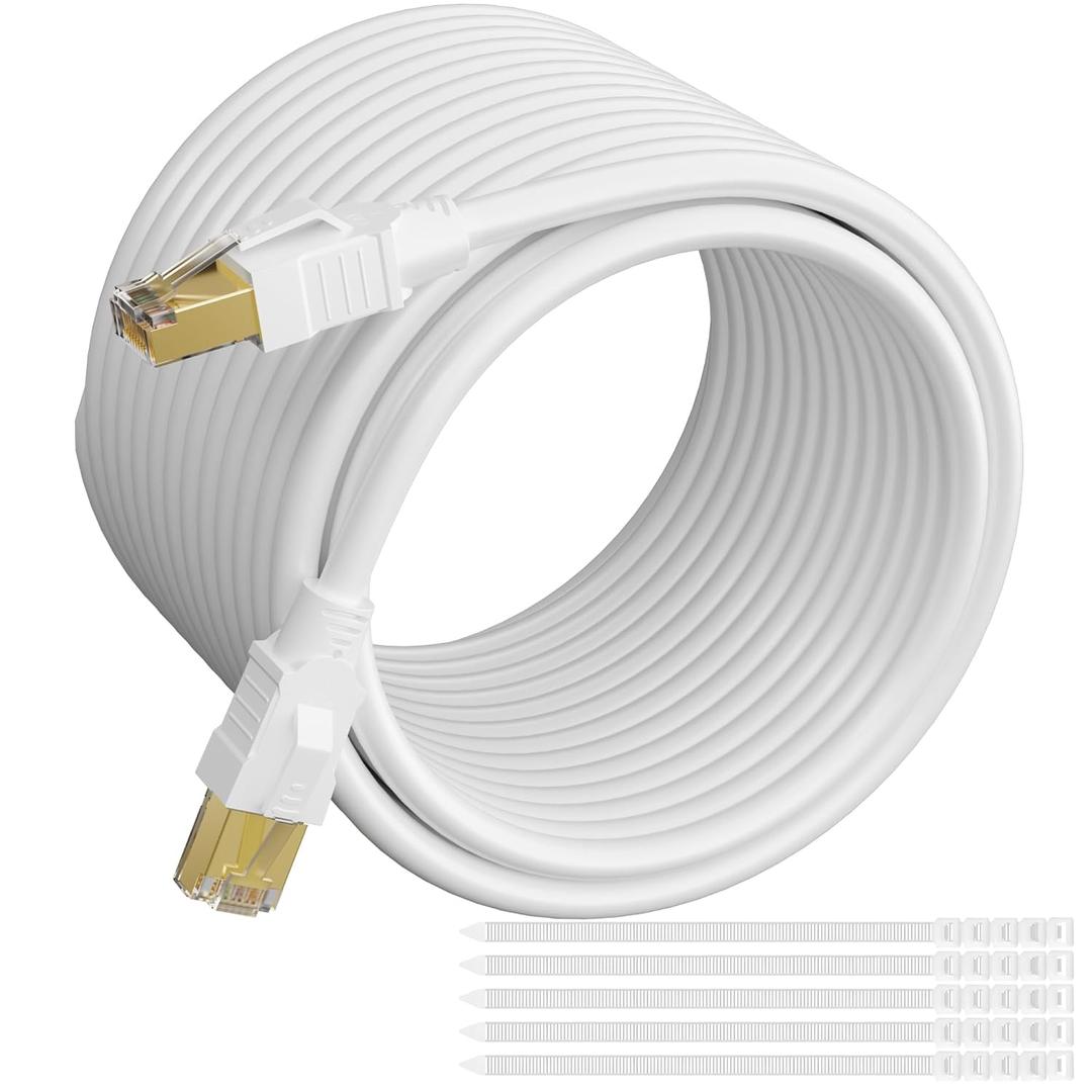 Elecan CAT 6E Cat 7 Ethernet Cable 15 Ft White, High-Speed Triple Shielded Internet Network Cable, S/FTP, POE, 26AWG 10Gbps Long CAT6A RJ45 LAN Cable Cord, Flexible &Durable for Outdoor &Indoor+Ties