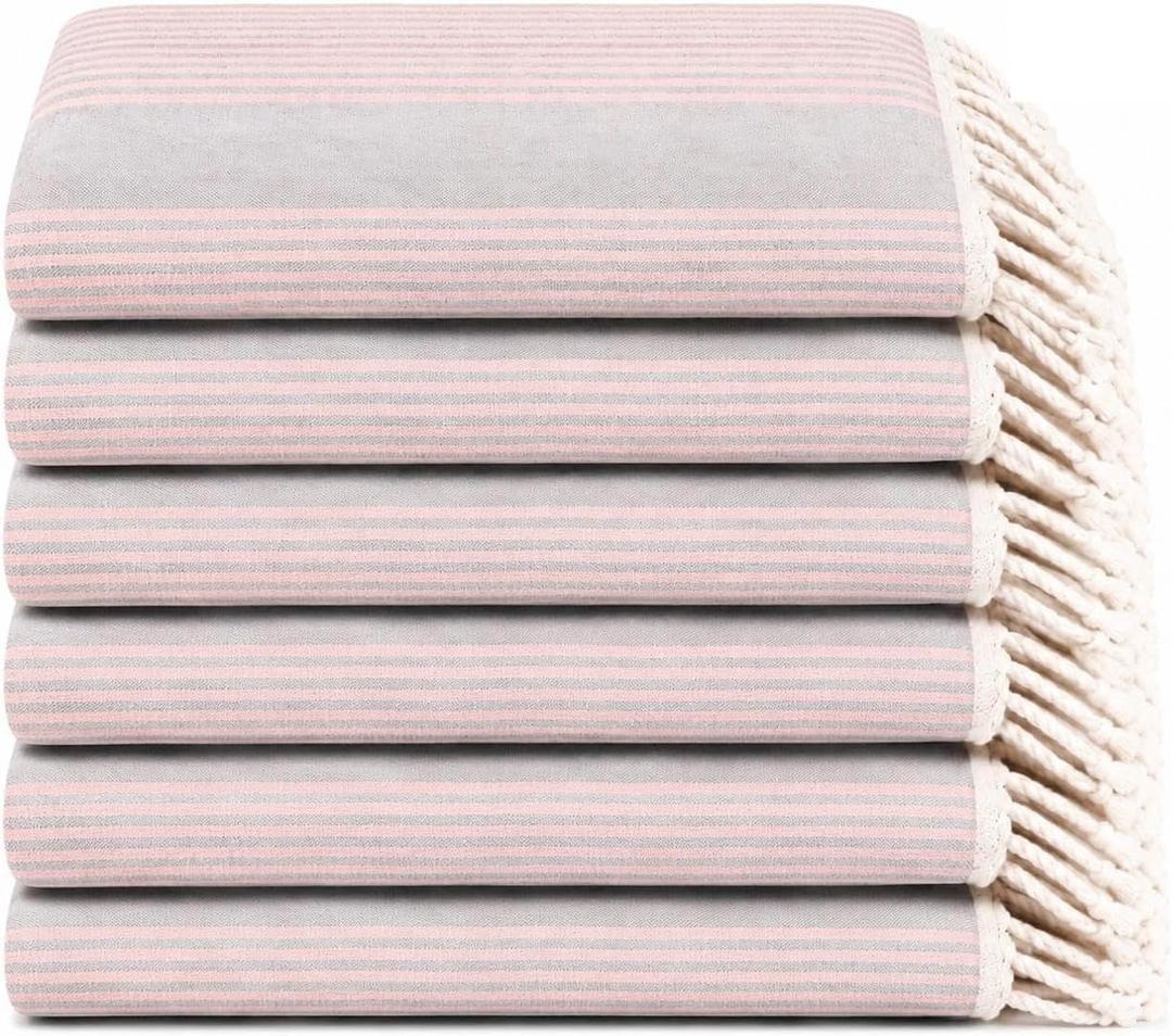 Turkish Beach Towels Set of 6, Large 36" x 71" Towel Set Sage Grey & Coral