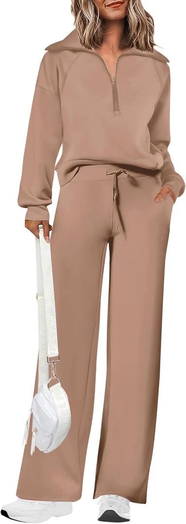 PRETTYGARDEN Women's 2 Piece Outfits Casual Lapel Half Zip Sweatshirts And Wide Leg Pants Tracksuit Sets (XL)