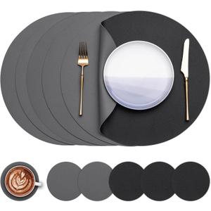 Myir JUN Round Placemats Set of 6 Faux Leather Place Mats and Coasters 15 inch Round Table Mats Dual Sided Non-Slip Stain Resistant Placemats (Gray & Black, Set of 6)