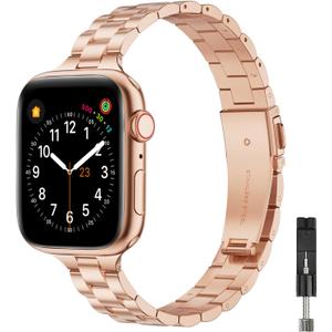Thin Bands Compatible with Apple Watch 40mm 38mm 41mm 42mm (Series 10 11), Stainless Steel Metal Replacement Adjustable Wristband Strap for iWatch Ultra3/2/1 SE1/2/3 Series 9/8/7/6/5/4/3/2/1 Women (A-Rose Gold)