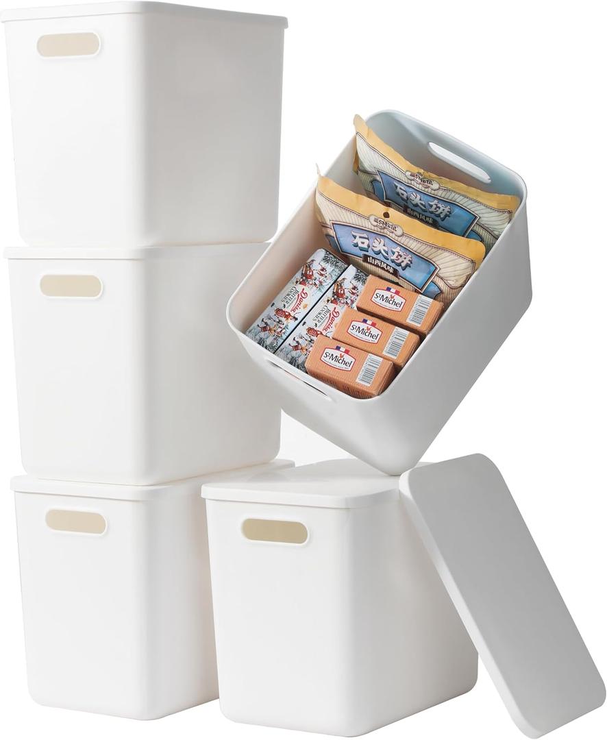 5 pack large plastic White storage bins with Lids, Toy Box Chest with HandleOrganizer Containers Baskets for Baby,NurseryShelvesPlayroom, BedroomOffice,Closethome (White, 5L)