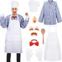 Halloween White Swedish Chef Costumes 8 Pieces Set Including Chef Hat Fake Nose Eyebrows Beard Red Bow Tie Apron Striped Shirt Gloves Wooden Spoon for Men Women Party Dress Up Costume