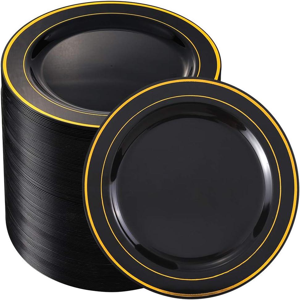 bUCLA 100 Pieces Black and Gold Plastic Dessert Plates - 7.5inch Disposable Salad/Appetizer Plates - Ideal for Party, Graduation & New Year