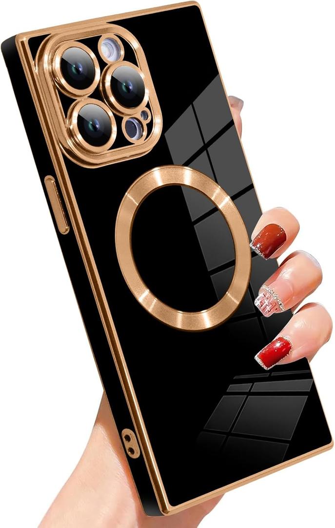 SAKUULO Case for iPhone 14 Pro Max Cute Plating Case[Compatible with Magsafe] for Women Girls Soft TPU Shockproof Camera Protection Electroplate Bumper Cover for iPhone 14 Pro Max 6.7"- Black