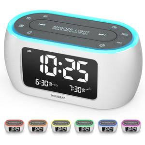 HOUSBAY Glow Small Alarm Clock Radio for Bedrooms with 7 Color Night Light, Dual Alarm, Dimmer, USB Charger, Battery Backup, Nap Timer, FM Radio with Auto-Off Timer for BedsideWhite