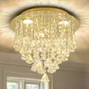 14" Gold Crystal Chandelier Modern Flush Mount Chandeliers Crystal Ceiling Light Fixture with 3-Color Dimmable for Living Room Bedroom Hallway