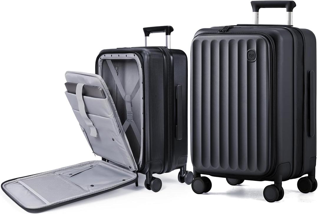 Carry On Luggage Airline Approved, Expandable Front Pocket with Spinner Wheels, PC Hardside Rolling Luggage with TSA Lock for Travel Women Men, Jet Black, 20 inch Carry on