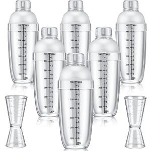 8 Pcs Plastic Cocktail Shaker Set 6 Pcs 24 oz Drink Shaker 2 Pcs Double Measuring Jigger Clear Plastic Bottle Tea Drink Mixer Cocktail Measuring Cup for Kitchen Bar Party Tools