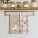 Light Coquette Bow Plaid Goose Kitchen Towels Set of 2, Neutral Beige Checkered Dish Tea Towels for Kitchen Decor, Cute Goose Animal Hand Towels for Bathroom Decor, 16x24 Inches