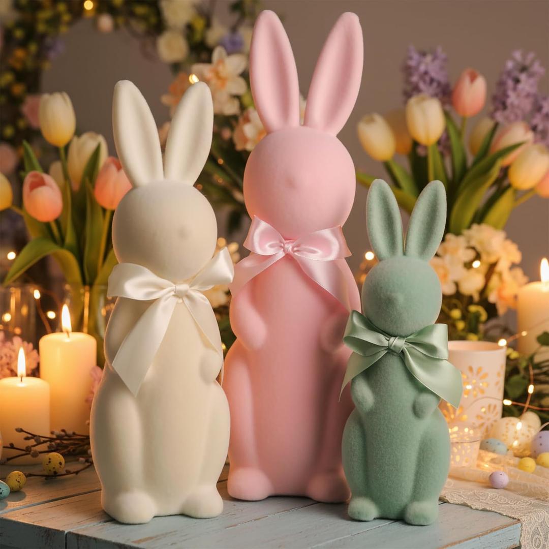 Lanpn 3PCS Flocked Bunny Easter Decorations with Bow Ties, Pastel Rabbit Figurines for Easter Centerpieces, Spring Home Tabletop Shelf Decor & Seasonal Gift (Pink, Beige, Green)