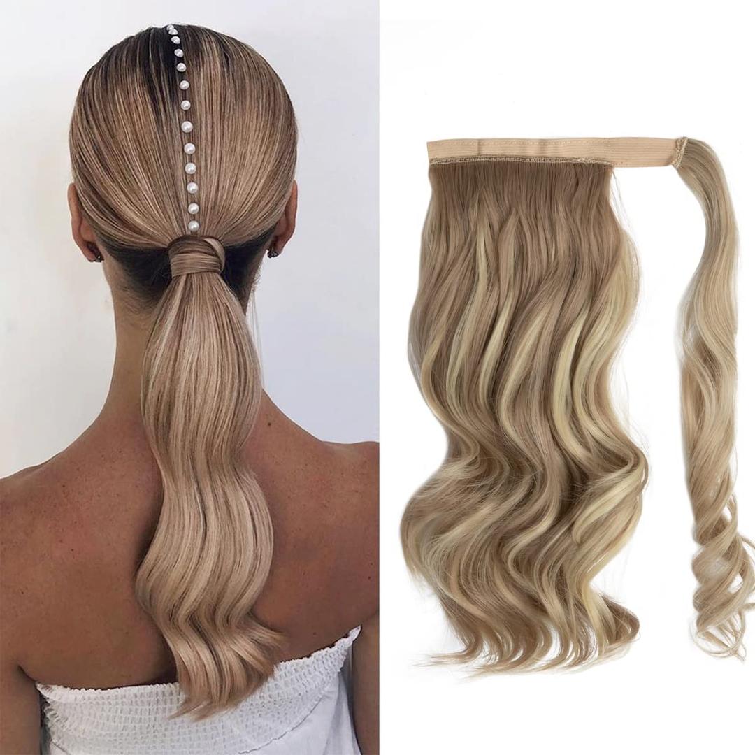 CJL HAIR 14" Short Ponytail Hair Extension Wrap Around Pony Tail Wavy Synthetic Fake Hairpiece for Women Dirty Blonde