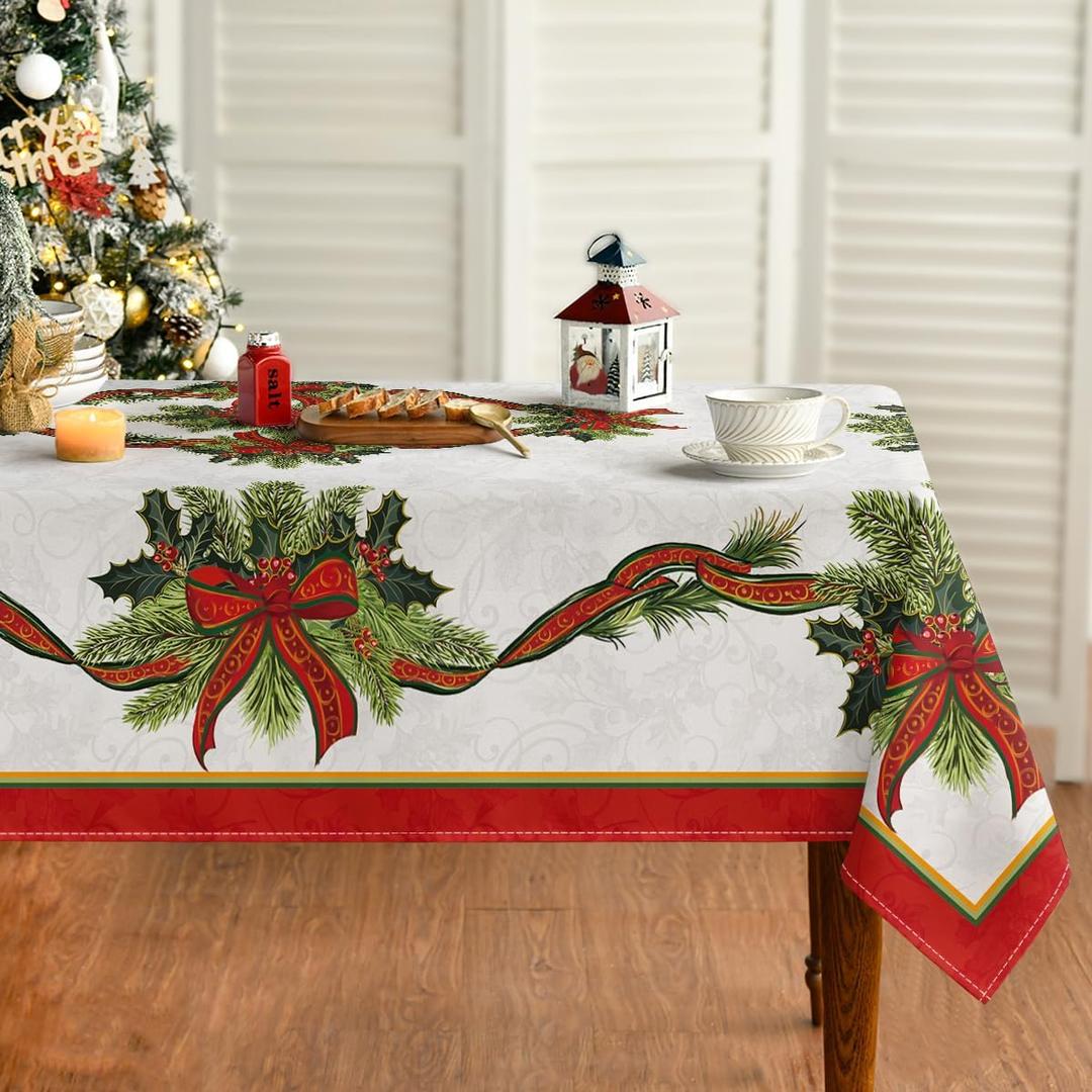 Horaldaily Christmas Tablecloth 60104 Inch, Poinsettia Golden Ribbon Washable Table Cover for Party Picnic Dinner Decor (Red)