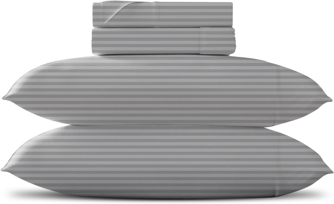 TEXAS LINEN CO. Luxury Egyptian Cotton Queen Stripe Sheet Set, 600 Thread Count Extra Long Staple 4 PC Set, Queen Silver Damask Sheets, Soft, Cooling Sateen Weave Sheets Upto 18 in Deep Pocket