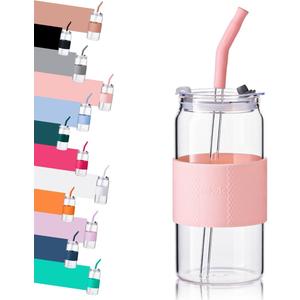 ColoVie Glass Tumbler with 3 IN 1 Lids and Glass Straws(Extra Silicone Tips), Silicone Protective Sleeve, Iced Coffee Cup, Travel Water Bottle, Soda Beer Glass Cups, Hot Tea-Pink 20oz 1pc