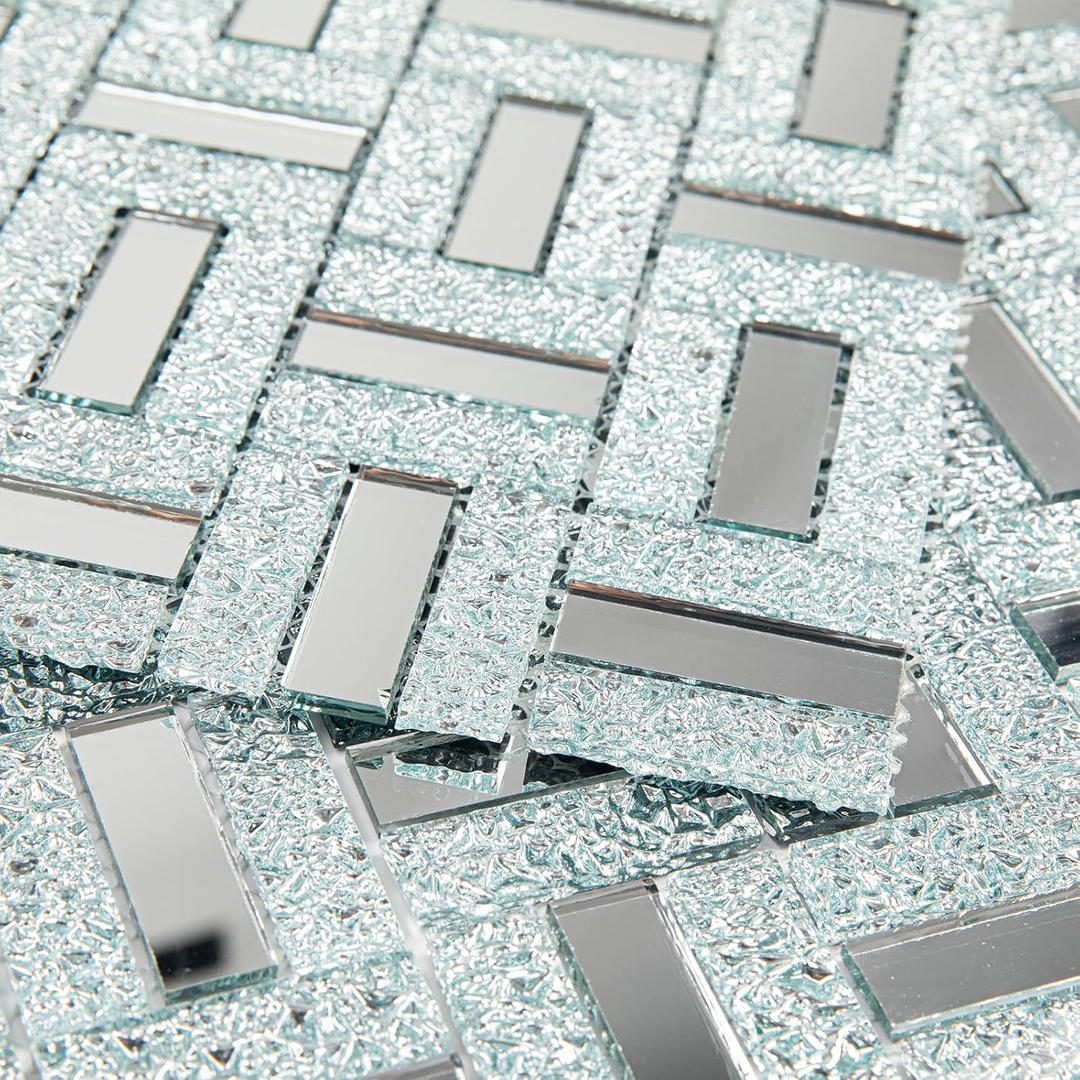 Crystal Diamond Mirror Mosaic Tile Brick Glass Mosaic Tile for Kitchen Backsplash Bathroom Wall (6 Sheets, Silver Brick Flat Mirror) (12 x 12 Inch)