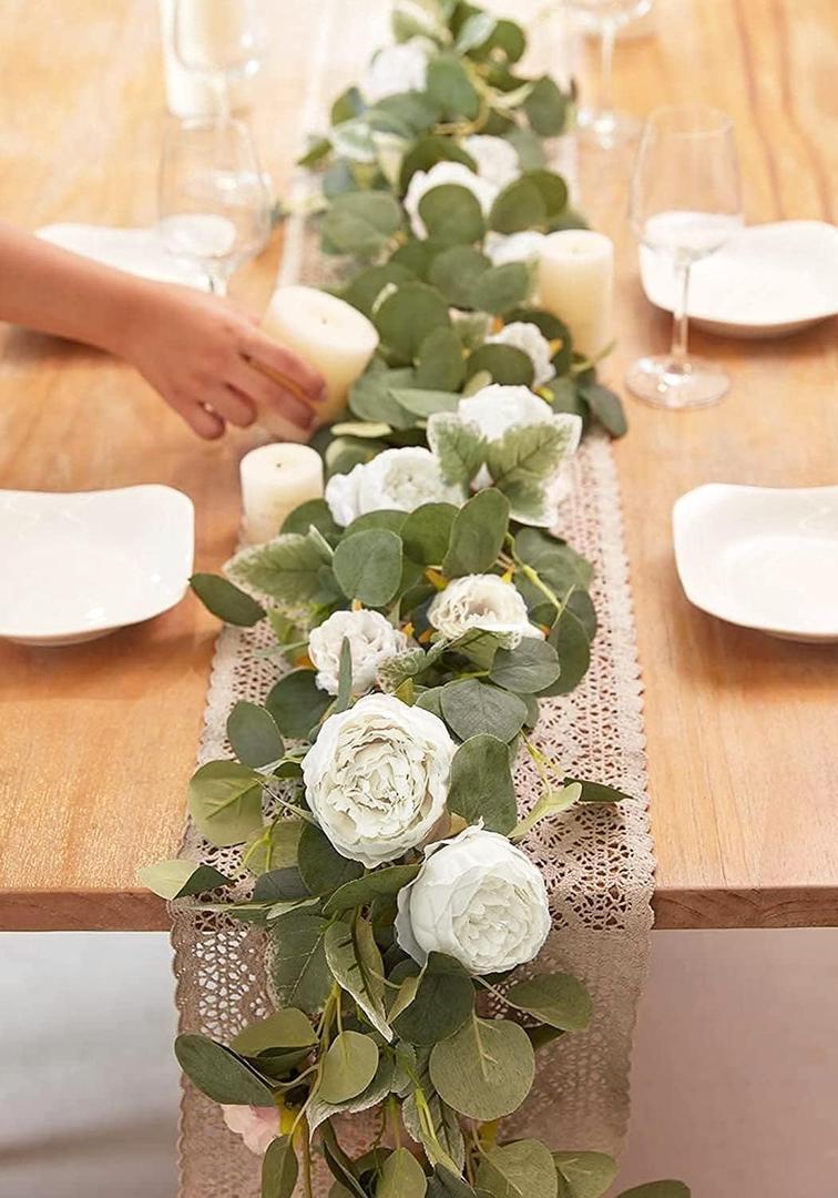 MISSPIN 2pcs Artificial Flowers Garland Spring Eucalyptus Garland Vintage Fake Flower Peony Rose Vine Greenery Decorative Wall Hanging Plant for Wedding Arch Door Arrangement Party Decor (White,2pcs)